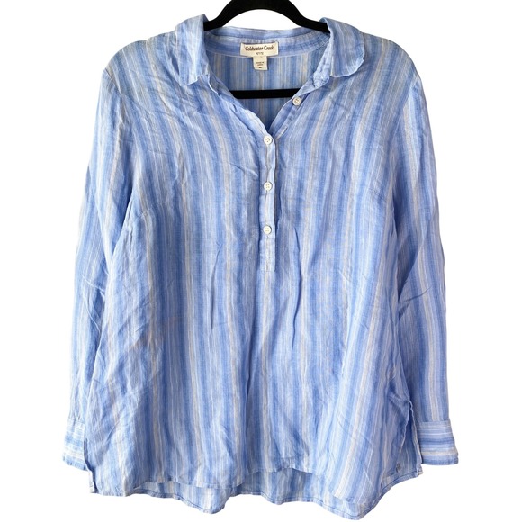 Coldwater Creek Tops - Coldwater Creek Womens 100% Linen Popover Blouse L Petite Blue Striped Coastal